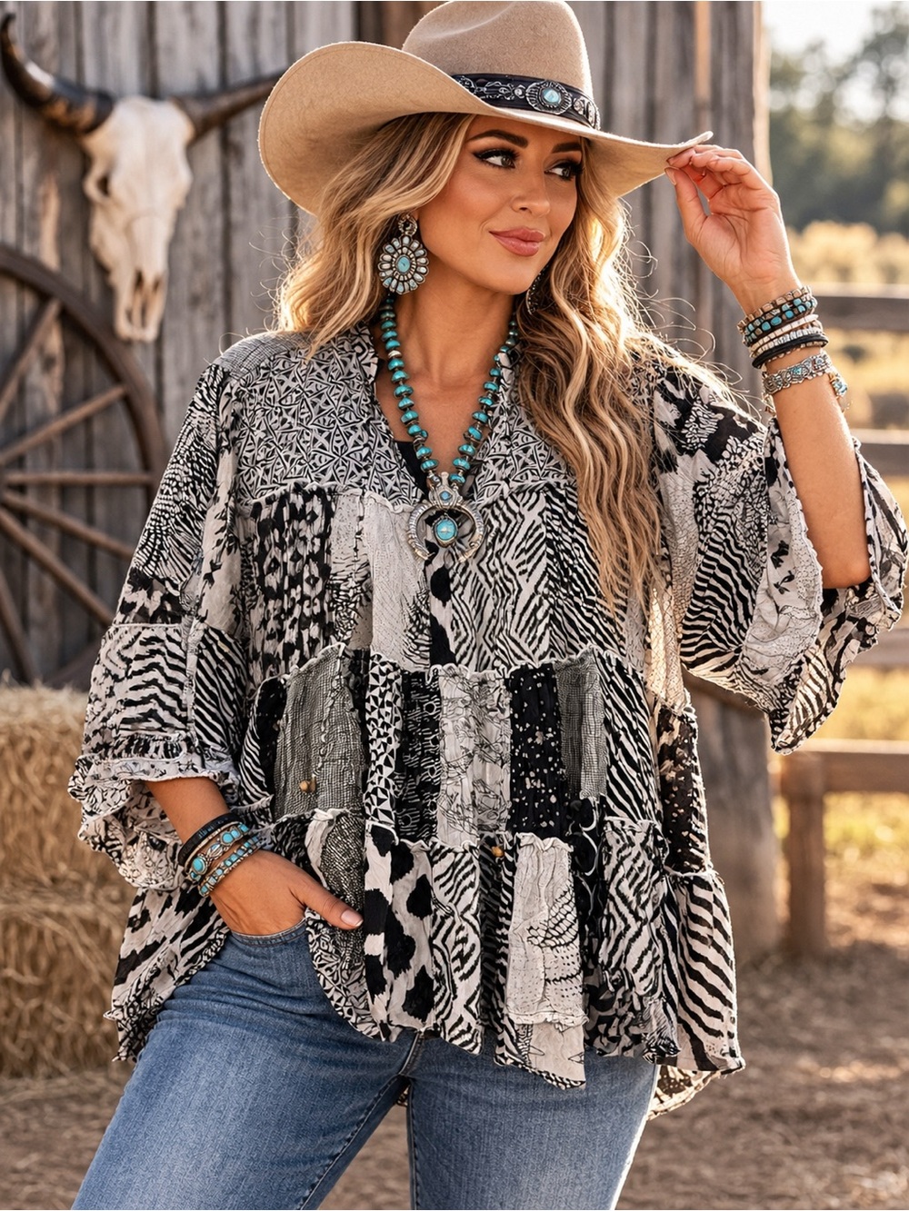 Young Threads Black & White Patchwork Boho Tunic – Size Large